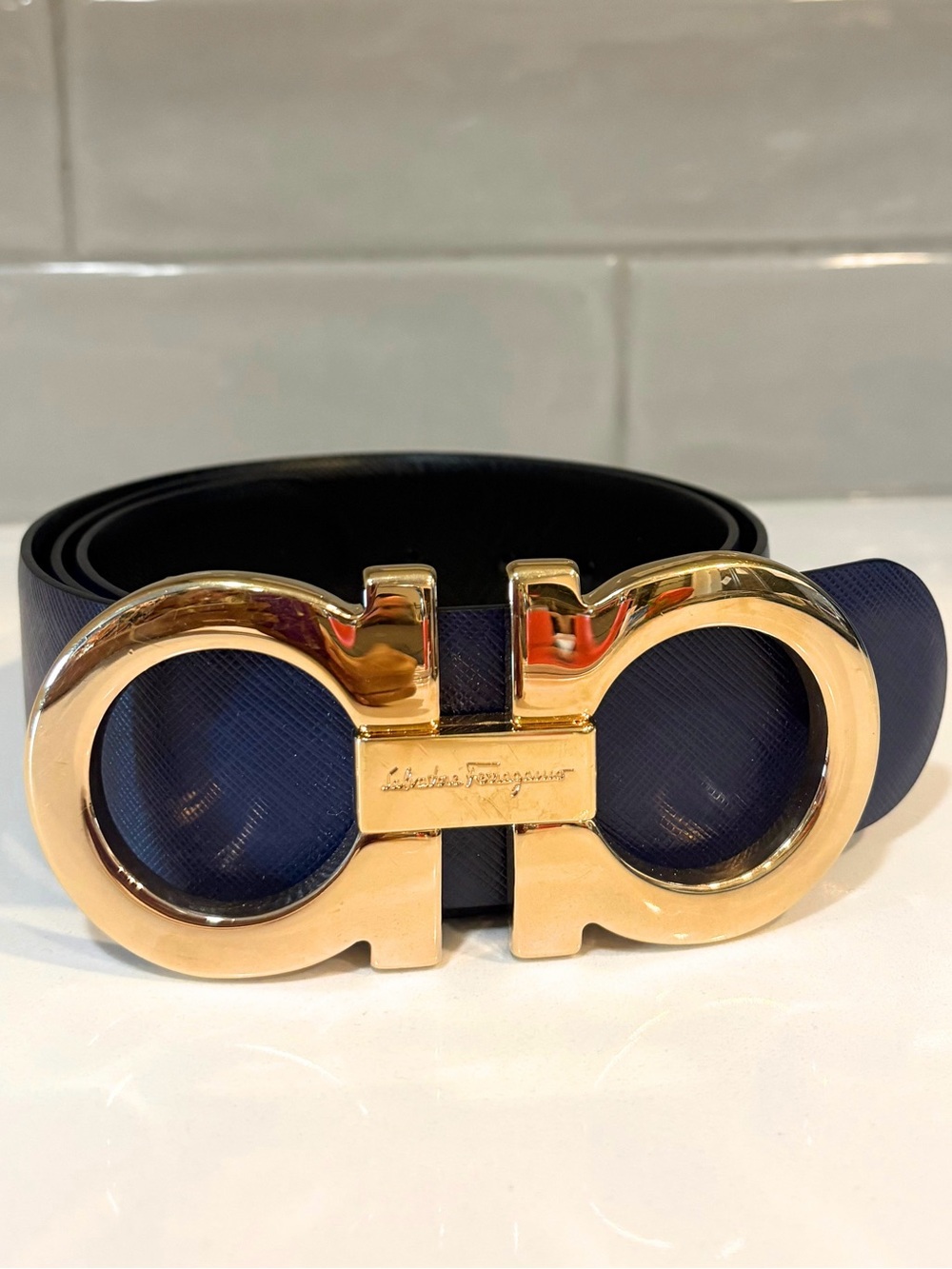 Salvatore Ferragamo Navy Leather Belt with Gold Double Gancini Buckle
